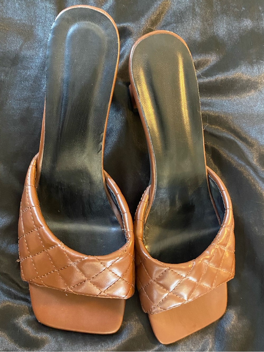 Quilted Brown Square-Toe Slide Mules
